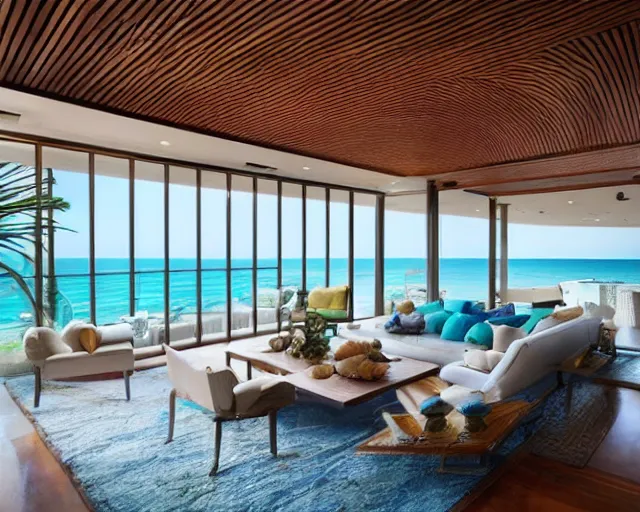 Prompt: A modern living room in a ocean hues style next to a big terrace overlooking the ocean, a luxurious wooden coffee table with large seashells on top in the center, amazing detail, 8k resolution, inspired by the ocean, calm, relaxed style, harmony, wide angle shot