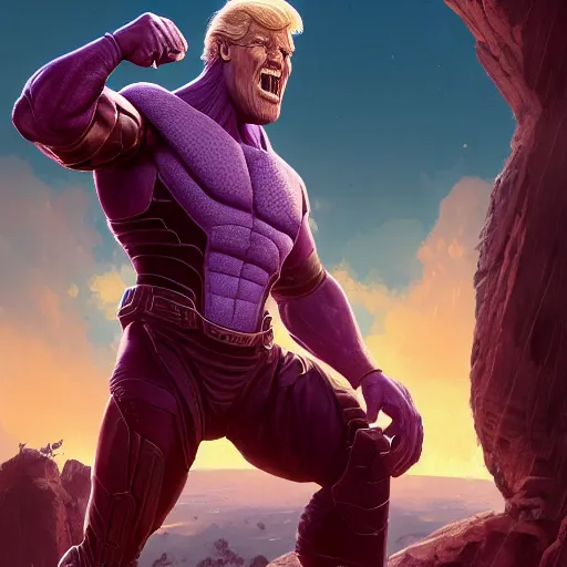 Image similar to joe biden is thanos vs trump, fantasy, high detail, elegant, digital painting, cinematic lighting, textured skin, highly detailed, artstation, unreal engine 5, breathtaking, illustration, ilya kuvshinov, nikolay makovsky