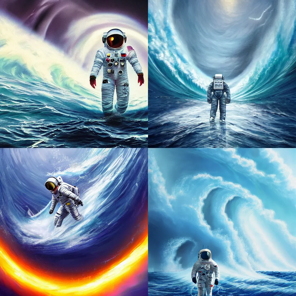 Prompt: hyperdetailed masterpiece concept art of an astronaut standing in the middle of the ocean with a gigantic tidal wave in the background, high quality trending on ArtStation