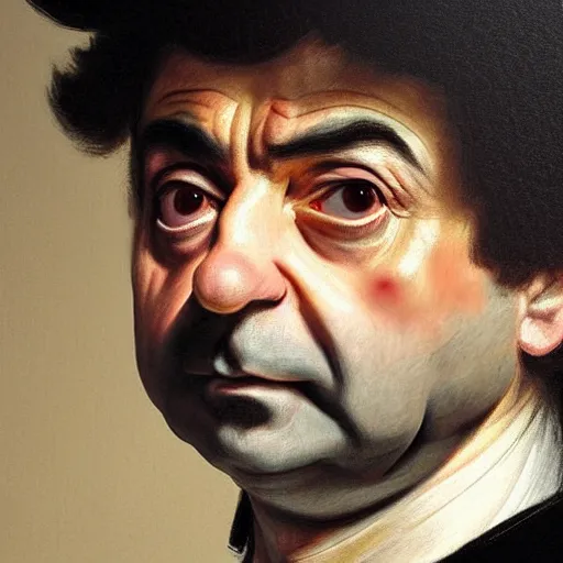 Prompt: a very detailed portrait of rowan atkinson, art by rembrandt