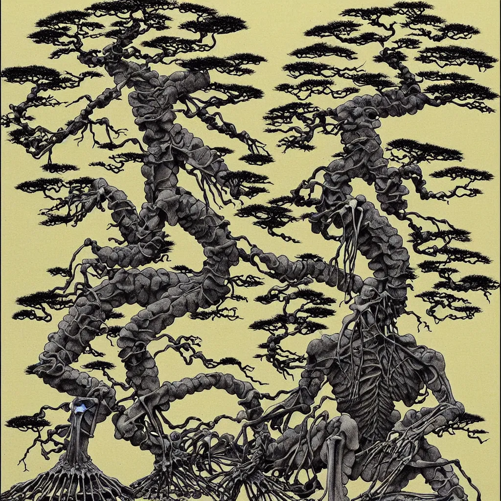 Image similar to prompt: anatomy dissection drawing skeleton Bonsai tree drawn by Takato Yamamoto, bonsai skeleton anatomy atlas, veins and organs attached to tree roots, alchemical objects inspired by 1980's sci-ci, old experimentation cabinet, intricate oil painting detail, manga 1980