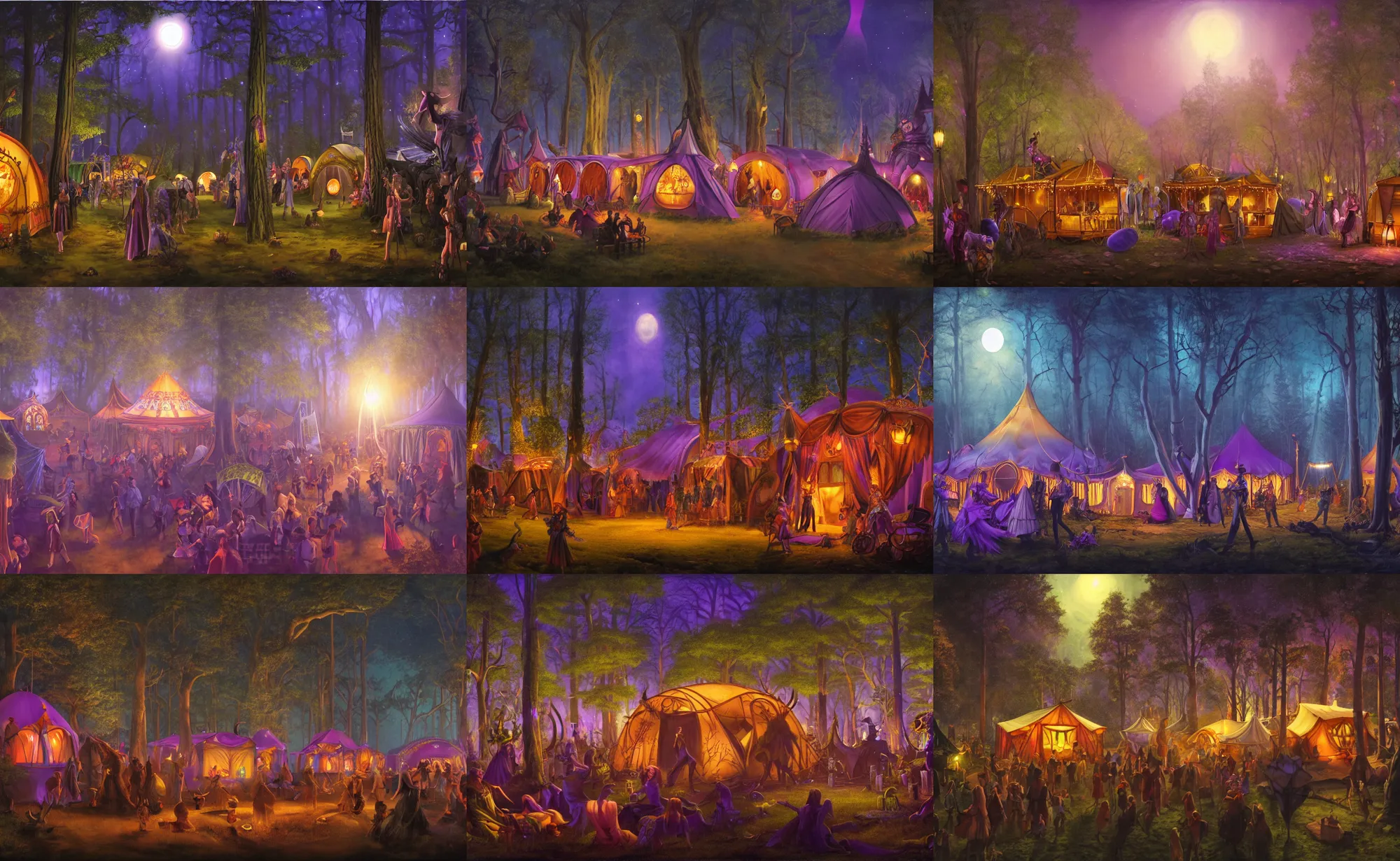 Prompt: huge magical faire in a forest at night with large tents and caravans, purple ambient light, artwork by gerald brom, 4 k, masterpiece