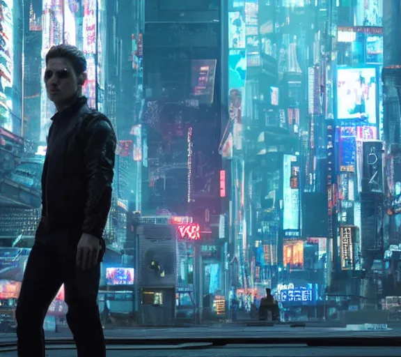 Image similar to high - resolution 8 k video still from a cyberpunk movie starring tom cruise,