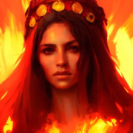 Image similar to a beautiful portrait of a fire goddess by Greg Rutkowski and Raymond Swanland, Trending on Artstation, Flaming Background, ultra realistic digital art