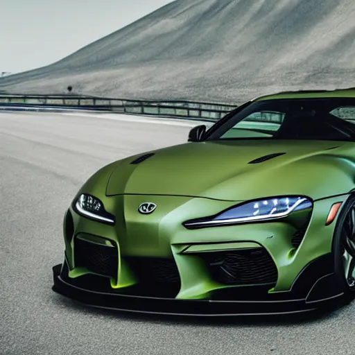 Prompt: Matte olive green Toyota Supra mk5 on highway, hyper realistic, car photography, 8k,