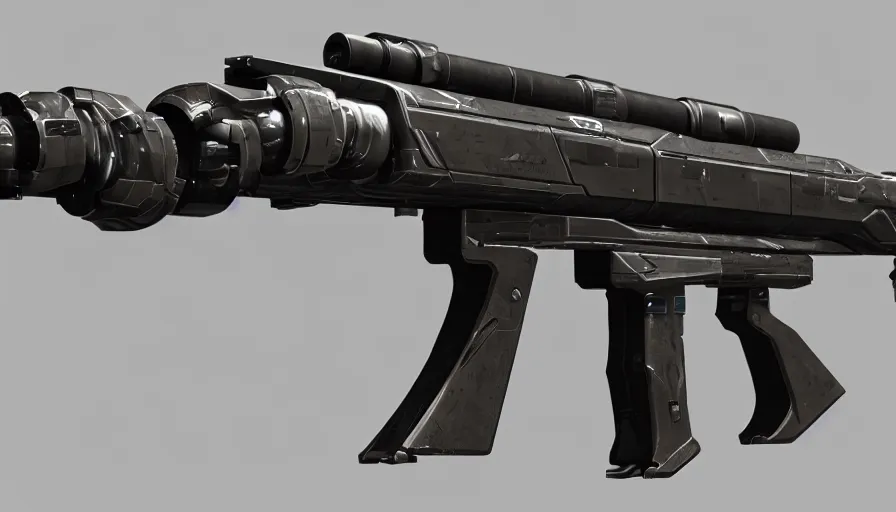 Prompt: extremely detailed realistic side view of a sci fi laser rifle, detailed trigger, chemically propelled, railgun, chemrail, gauss rifle, bullpup, with tubes and wiring, massive tank, sleek utopian design, caseless ammunition, ultra quality, realistic, octane render, call of duty, warframe