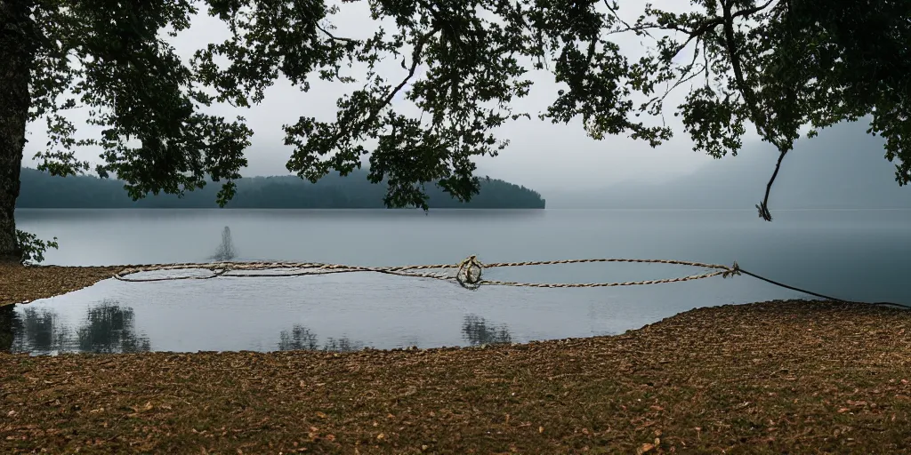 Image similar to centered subject on an infinitely long rope zig - zagging across the surface of the water into the distance, the floating submerged rope stretches out towards the center of the lake, a dark lake on an overcast day, atmospheric, color film, trees in the background, hyper - detailed photo, anamorphic lens