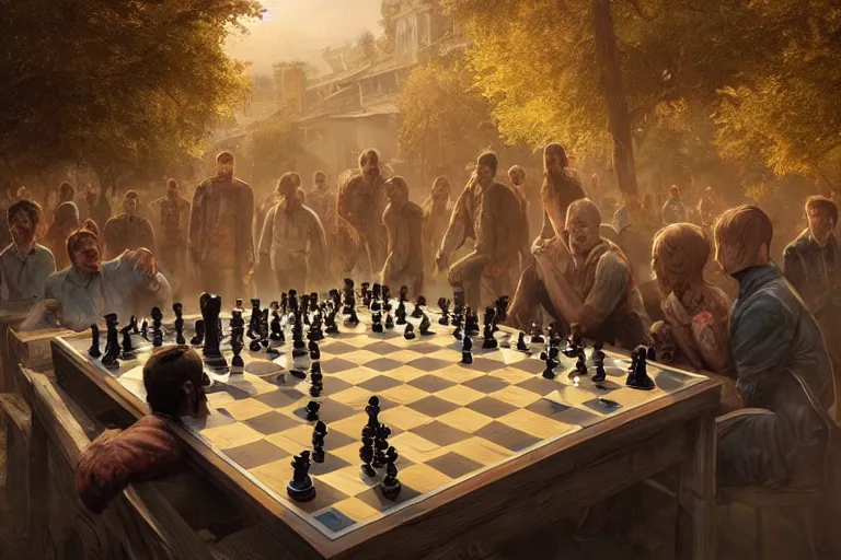 Prompt: a chess game where the pieces are zombies vs people, matte painting, long shot, concept art, wide shot, digital art, trending on artstation, 4 k, extremely detailed, realistic, midday, warm colors, golden sunlight, by greg rutkowski, cinematic, epic
