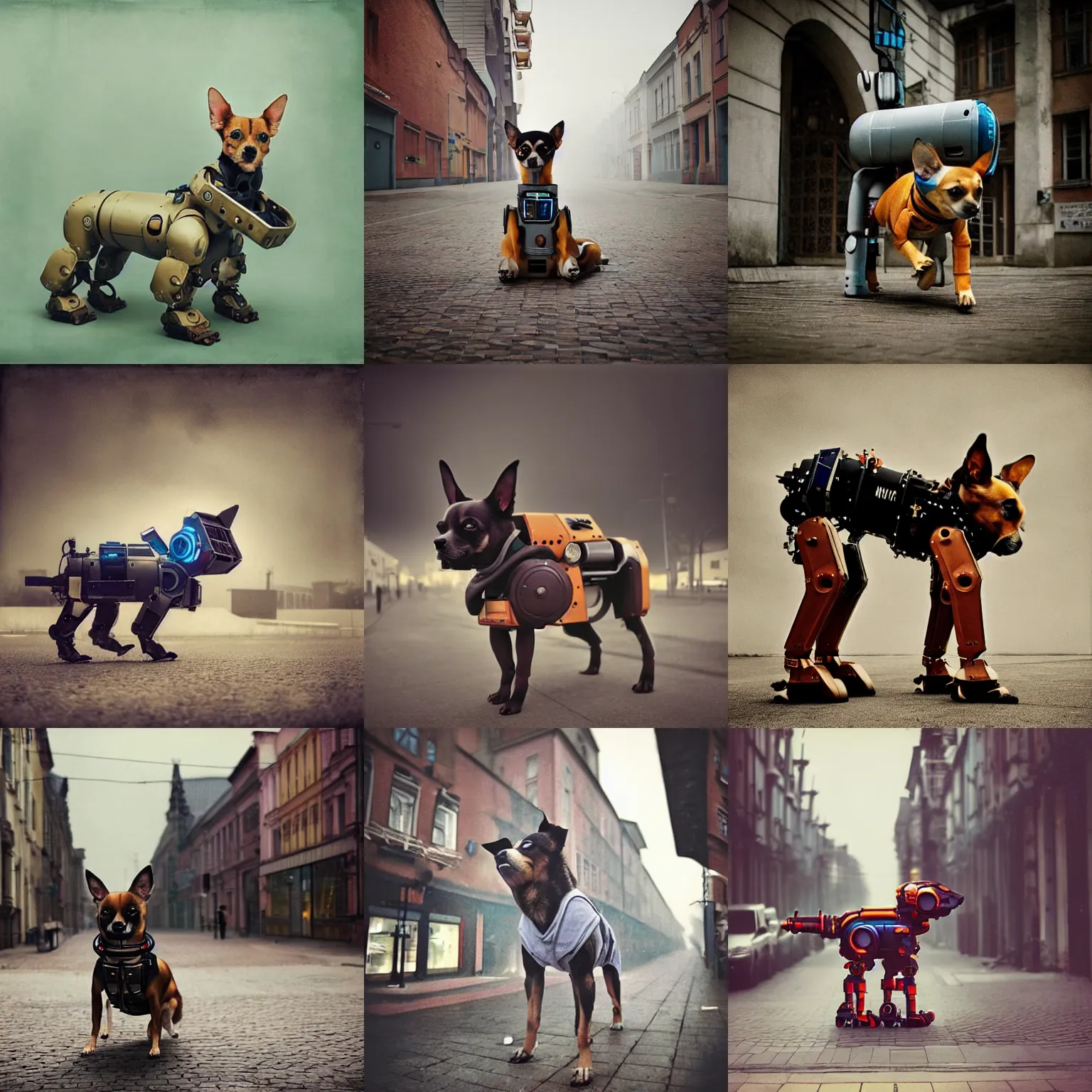 Prompt: low saturation photograph!! giant oversized chihuahua dog as cyborg mecha robot, in legnica, cinematic focus, polaroid photo, vintage, neutral dull colors, soft lights, foggy, overcast, by oleg oprisco, by thomas peschak, by discovery channel, by victor enrich, by gregory crewdson