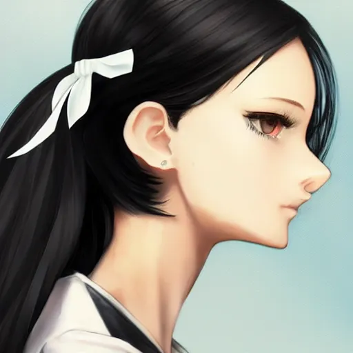 Prompt: luxury advertisement, astonishing portrait of a very beautiful anime high-school girl with black hair ponytail, white ribbon, full perfect face, realistic, highly detailed background, artstation, 120 degree view, drawn by Sasoura, Satchely and Akihiko Yoshida, no distortion