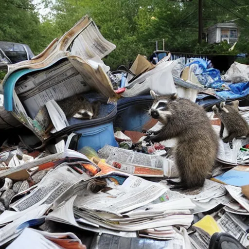 Image similar to a family of raccoon digging through a gigantic mound of trash and newspapers and junk