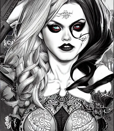 Prompt: hyper detailed comic illustration of a Elfpunk Harley Quinn and Poison Ivy ,tall, fair skin, curvaceous, gorgeous face, by artgerm, intricate details, low angle fish eye lens