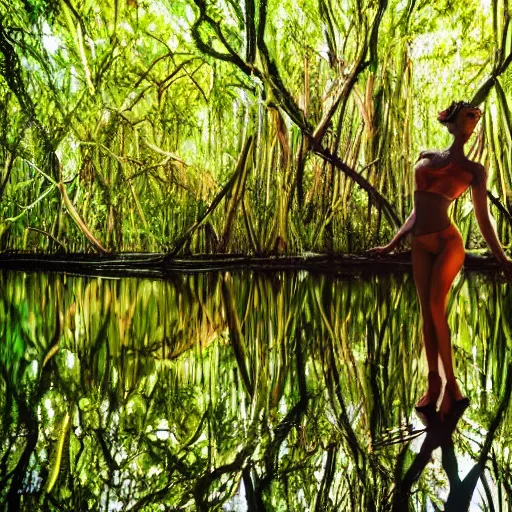 Image similar to a mannequin dancer in a mangrove swamp, cinematic light, beautiful dreamy lighting,