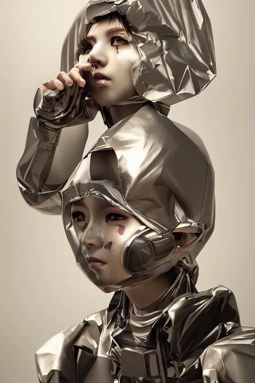 Prompt: cyborg girl kawaii wearing trash bag over her head, ultra realistic, concept art, intricate details, highly detailed, photorealistic, octane render, 8 k