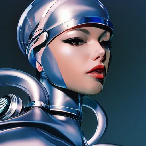 Image similar to detailed face of a woman, cool skydome, fresh atmosphere, ambient, rick guidice, syd mead, artgerm, hajime sorayama