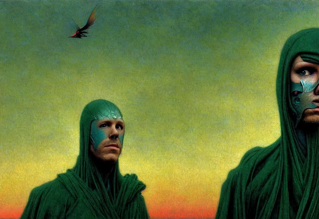 Prompt: realistic detailed portrait movie shot closeup of a! birdman! wearing dark green ragged robes, futuristic city sunrise landscape background by denis villeneuve, jean delville, yves tanguy, alphonse mucha, ernst haeckel, max ernst, roger dean, rich moody colours, cinematic