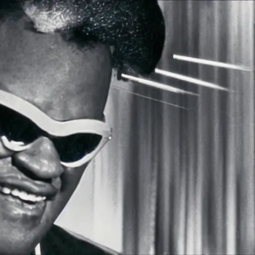Prompt: Film still from documentary about Ray Charles shooting lasers out of his eyes and destroying buildings.