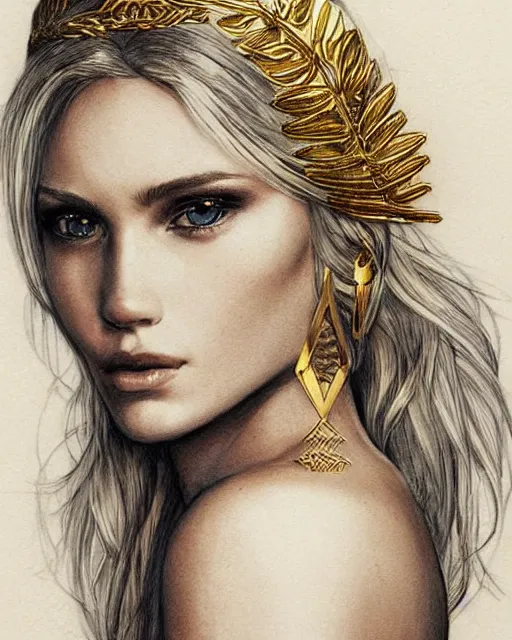 Image similar to tattoo sketch of hot blonde super model as aphrodite greek goddess wearing a gold laurel wreath and triangle earrings, beautiful piercing gaze with sharp pupils, in the style of greg rutkowski, fantasy, amazing detail, epic, elegant, smooth, sharp focus, front view