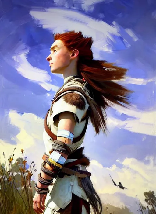 Image similar to portrait of a caucasian Aloy from Horizon Zero Dawn in white clothes, countryside, calm, fantasy character portrait, dynamic pose, above view, sunny day, clouds in the sky, artwork by Jeremy Lipkin and Giuseppe Dangelico Pino and Michael Garmash and Rob Rey and Greg Manchess, very coherent asymmetrical artwork, sharp edges, perfect face, simple form, 100mm