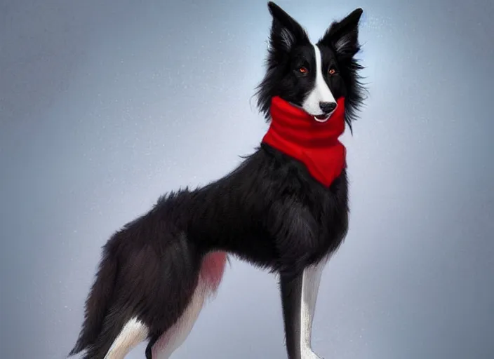 Image similar to full body digital painting of a cute male anthropomorphic border collie fursona wearing a red collar and standing outside, furaffinity, intricate, elegant, beautiful, realistic proportions, highly detailed, trending on artstation, art by charlie bowater and henry asencio and and ross tran