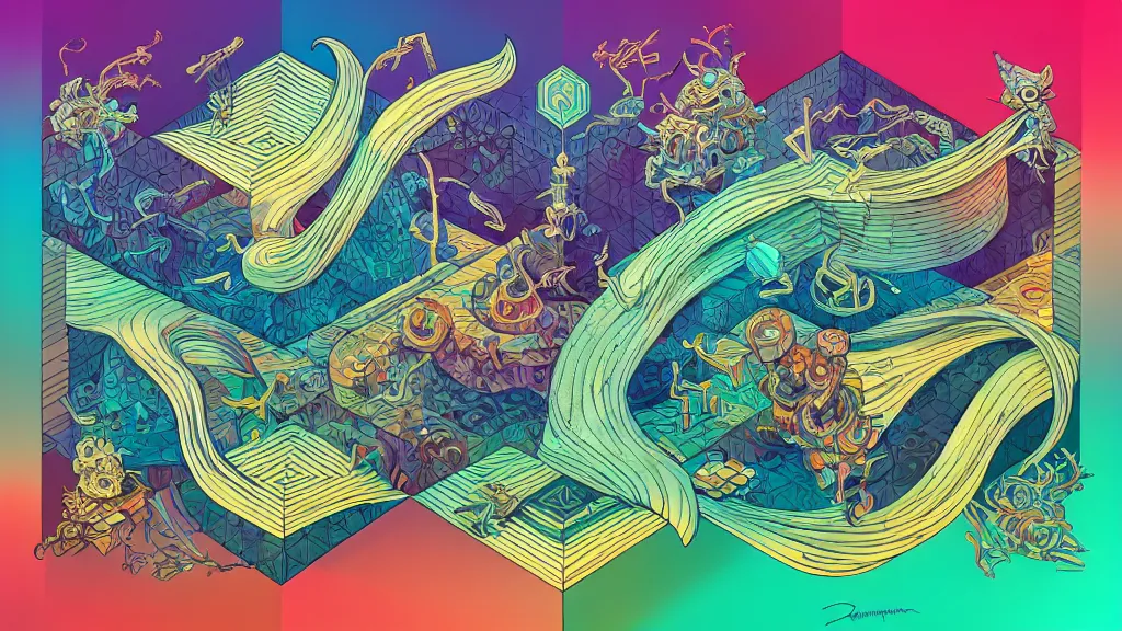 Image similar to twisted turn of fate abstraction, centered award winning ink pen illustration, isometric abstract illustration by dan mumford, edited by craola, tiny details by artgerm beeple and tooth wu and watercolor girl, symmetrically isometrically centered