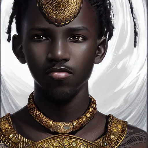 Image similar to an african celestial prince (black boy toddler), kemetic, D&D, fantasy, intricate, elegant, highly detailed, digital painting, artstation, concept art, matte, sharp focus, illustration, art by Artgerm and Greg Rutkowski and Alphonse Mucha