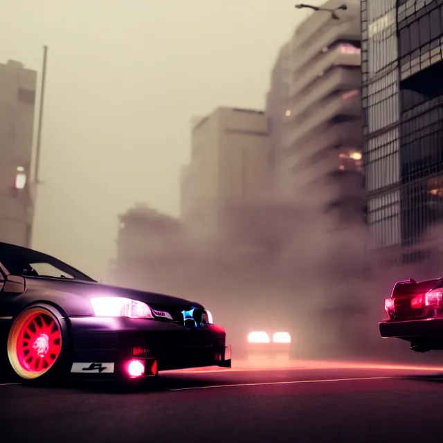 Prompt: toyota jzx 1 0 0 illegal drift car with robot woman approaching, detailed wheels, shibuya prefecture, cinematic lighting, fog mist smoke, photorealistic, night photography, octane render by tomino - sama