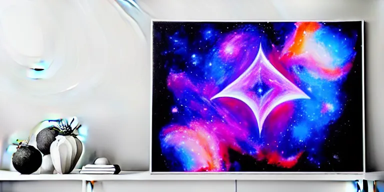 Prompt: a beautiful abstract acrylic high contrast painting on a white background of geometric shaped nebula by viktoria lapteva