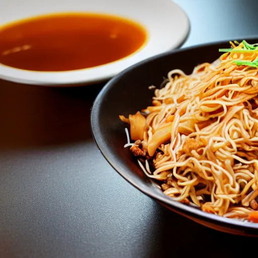 Prompt: a pot full of pork yakisoba inside a chinese restaurant, 4K photo, zoom, award winning, background blur