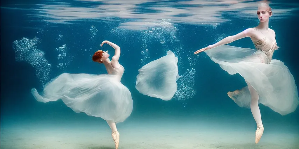 Prompt: underwater realistic photography of dancers with long gorgeous clothes , renaissance epic scene . Fluidity, elegance, beauty, water ocean cautic , ocean surface visible and water bubbles details rising up reaslitic undrwater background, high details. by CHRISTY LEE ROGERS