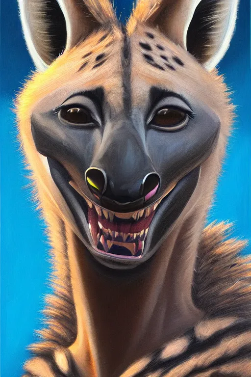 Prompt: oil painting of anthromorphic female hyena, in style of zootopia, female fursona, furry, furaffinity, 4 k, deviantart, furry art, fursona art, wearing black business suit, business suit, hyena fursona, female, smug expression,