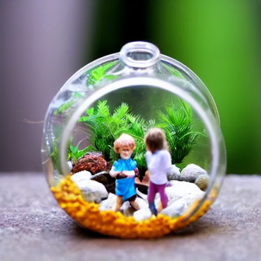 Prompt: tiny people living inside a terrarium bottle.