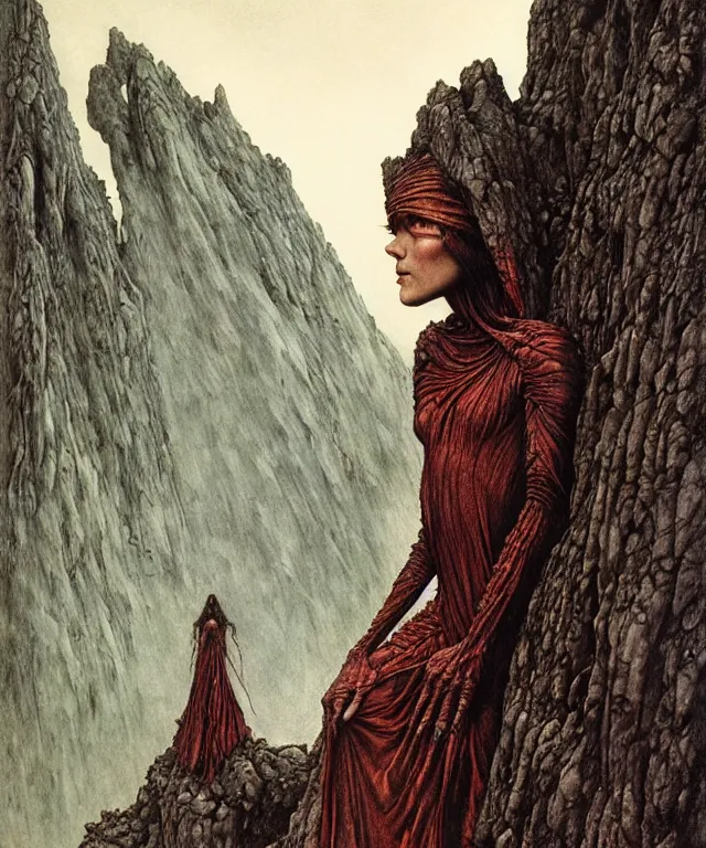 Prompt: a detailed mantiswoman stands among the mountains. wearing a ripped mantle, robe. perfect faces, extremely high details, realistic, fantasy art, solo, masterpiece, art by zdzislaw beksinski, arthur rackham, dariusz zawadzki