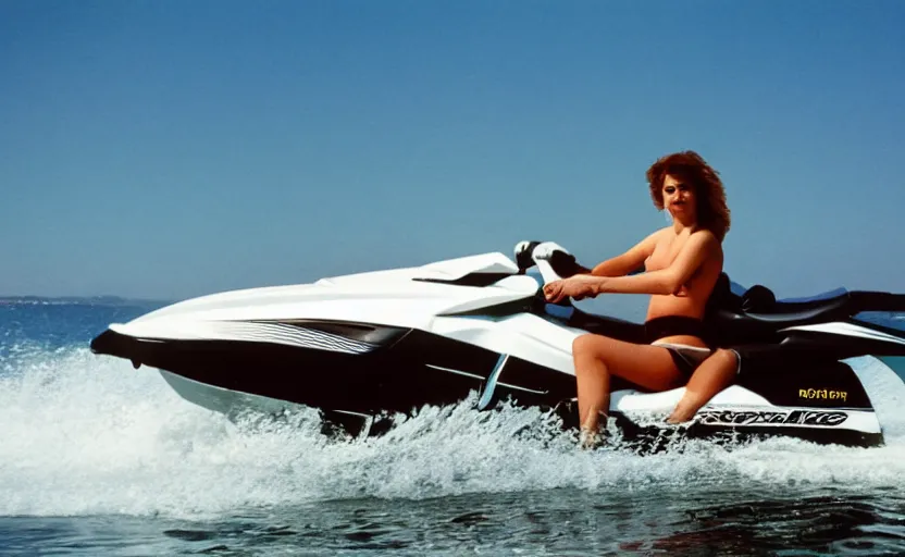 Prompt: color photo of a photomodel driving a jetski in california. 8 0's style