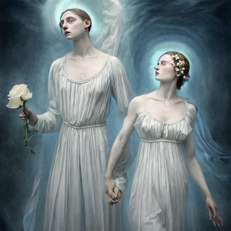 Image similar to renaissance professional digital art of wonderful symmetrical goddess with a majestic semi transparent white roses cotton dress, blue atmospheric light, dramatic lighting, cinematic, painted, intricate, detailed, foreboding, by art by meredit frampton and gregory crewdson, epic, stunning, gorgeous, much wow, cinematic, masterpiece.