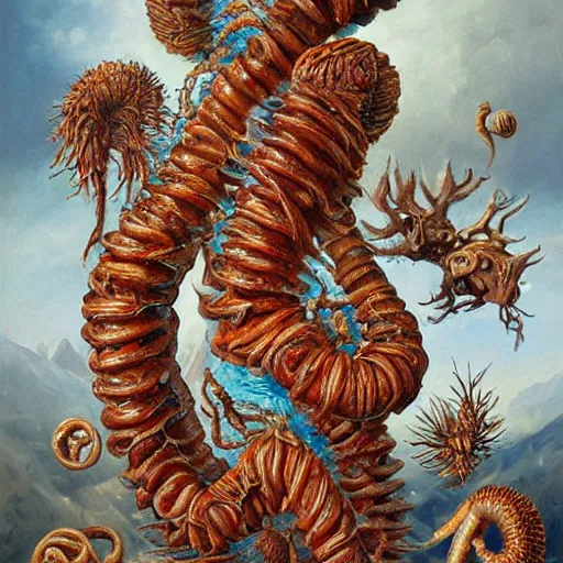 Image similar to mood, apocalyptic airbrush by martin grelle. a painting of the human intestine in all its glory. each section of the intestine is labelled, & various items & creatures can be seen inside, such as bacteria, food particles, & even a little mouse.