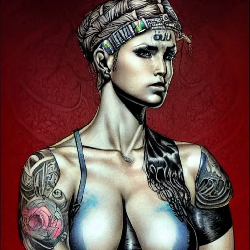 Image similar to a beautiful portrait of a heavily tattooed Roman woman Travis Charest style