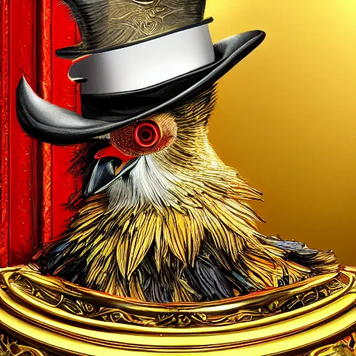 Prompt: athropomorphized rich pekin duck capitalist sitting on pile of gold, wearing tophat and frock coat, pince - nez glasses on orange bill, spats, casting spell, concept art, insanely detailed and intricate, hypermaximalist, elegant, ornate, hyper realistic, super detailed, art deco, cinematic, trending on artstation, magic the gathering artwork