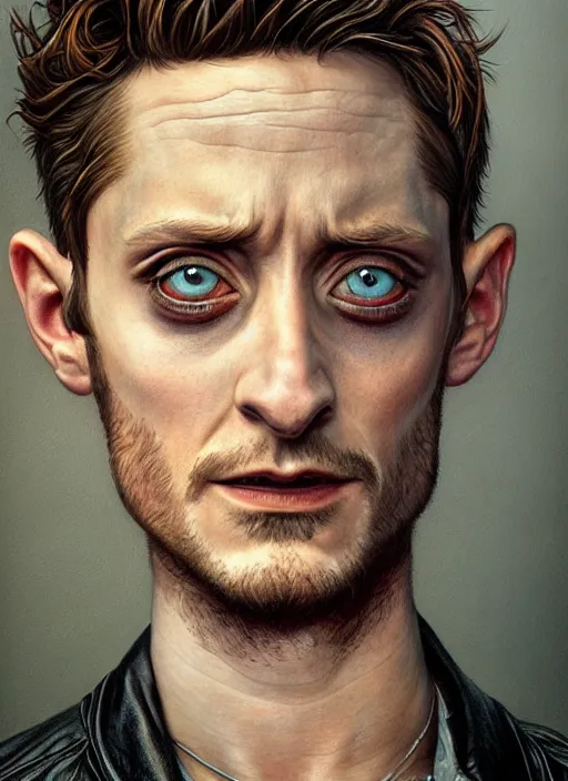 Prompt: portrait of elijah wood, gritty, dark, wearing a leather jacket, very detailed eyes, hyperrealistic, very detailed painting by Glenn Fabry, by Joao Ruas, by Artgerm