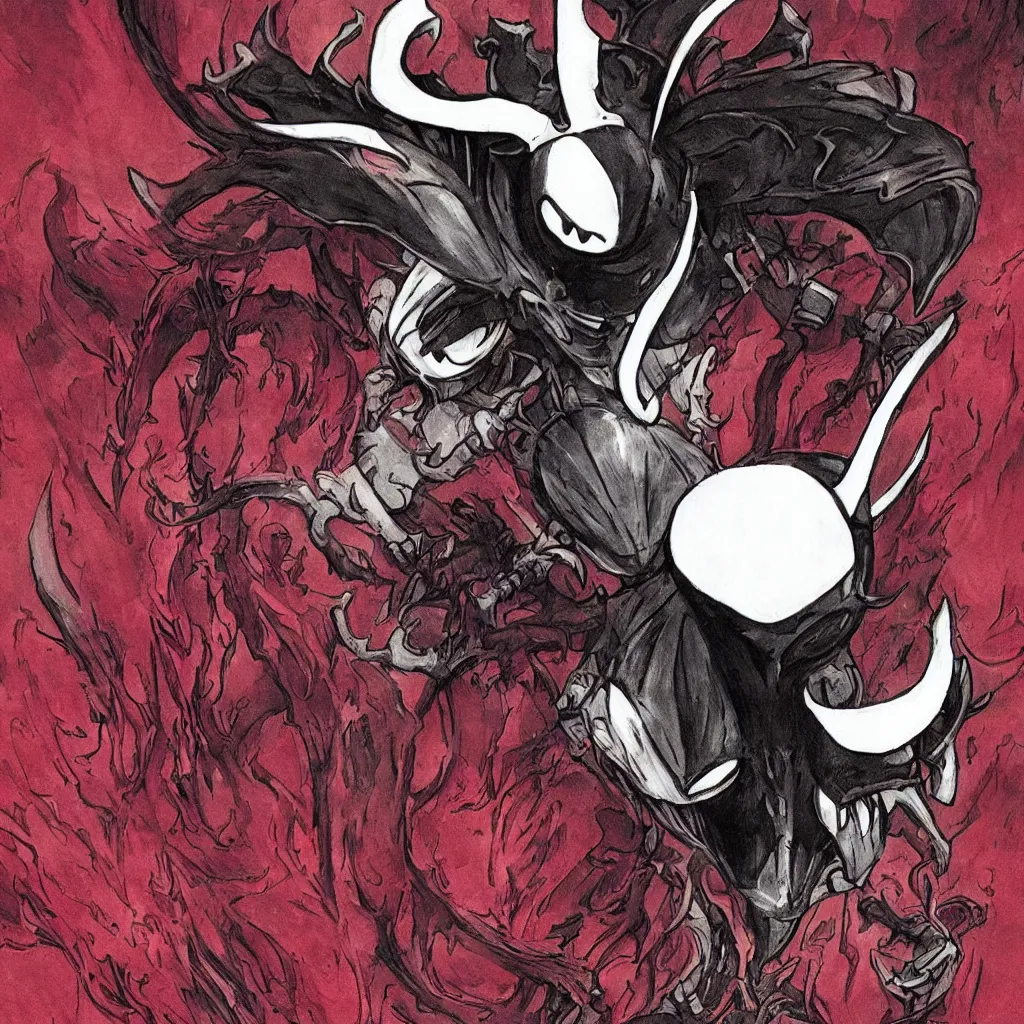 Prompt: hollow knight. Corrupted. High detail. Cover art. No text. High detail. Ominous. Sharp. Red
