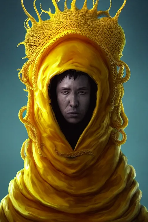 Image similar to A full body portrait of a mysterious character with no face with a very long hooded yellow cloak, a golden crown floating above his head tentacles coming out the ground art by Maciej Kuciara, Lee Griggs and Jason Chan, ominous, cosmic horror, trending on artstation, Ultra detailed, hyper realistic 4k