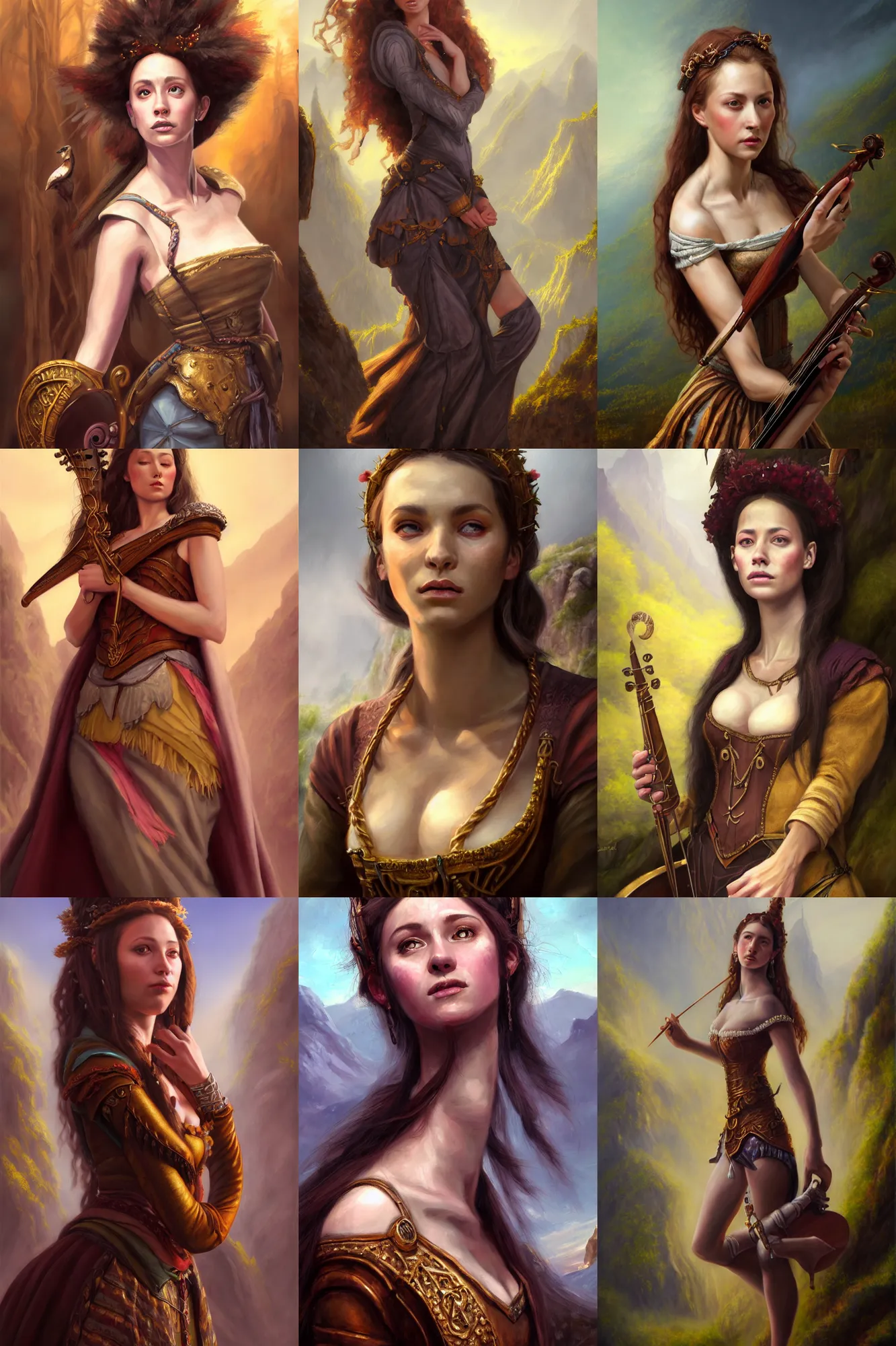 Image similar to a full body high detail fantasy portrait oil painting illustration of a single beautiful sophisticated bard woman by justin sweet with face and body clearly visible, in a scenic background, pupils visible, realistic proportions, d & d, rpg, forgotten realms, artstation trending, high quality, sombre mood, artstation trending, muted colours, entire person visible!