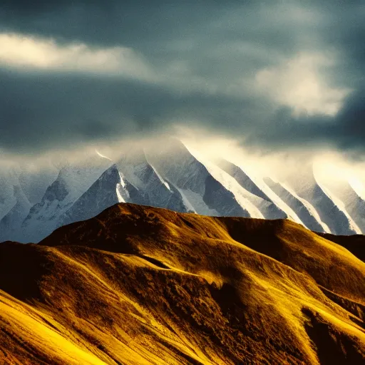 Prompt: mountains made of ligh under a bright cloudy sky, grainy photograph