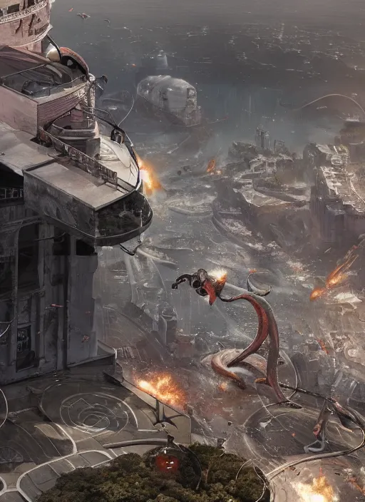 Image similar to hyper realistic squid robot attacking cape town city, table mountain explosions, atmospheric beautiful details, strong composition painted by kim jung giu weta studio rutkowski, james gurney and greg rutkowski, and lucasfilm