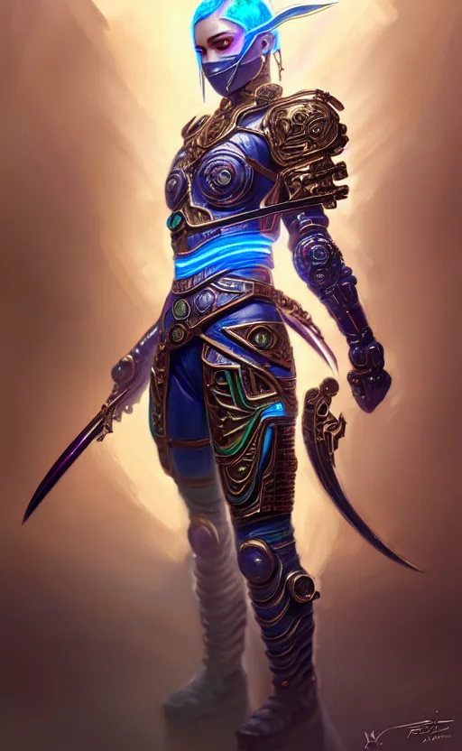 Image similar to iridescent opal cyborg shinobi warrior, intricate ornate details, morandi color scheme, hd, illustratio, splash art, fantasy, elegant, highly detailed, wide angle, digital painting, artstation, concept art, smooth, sharp focus, illustration, wallpaper, art by artgerm and greg rutkowski and alphonse mucha and jin xiaodi