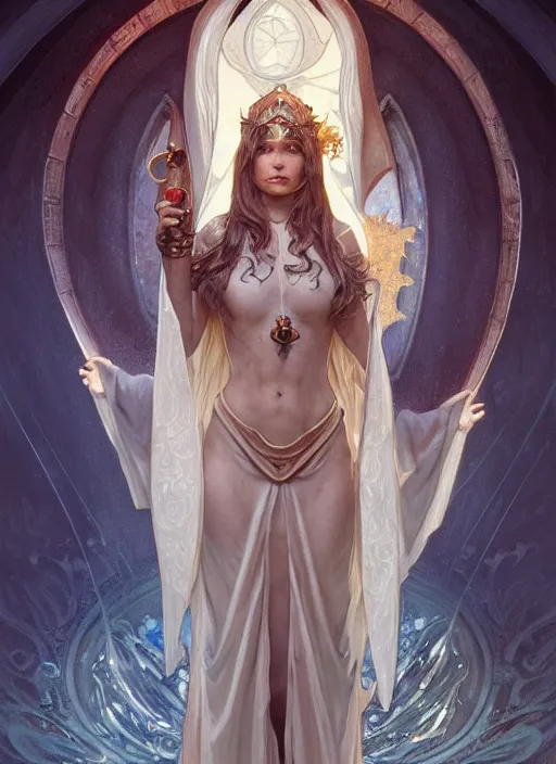 Prompt: oracle dressed in medieval gown with a cute water elemental, fantasy, intricate, elegant, highly detailed, digital painting, artstation, concept art, wallpaper, smooth, sharp focus, illustration, art by artgerm and greg rutkowski and alphonse mucha