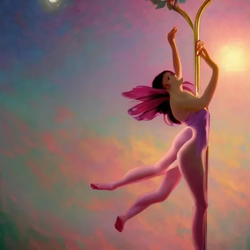 Image similar to A beautiful poledancing fairie, cinematic lighting, soft bokeh, fantasy, modern, colourful, highly detailed, digital painting, artstation, deviantart, concept art, sharp focus, illustration, by Edward Hopper and Rene Magritte and Alphonse Mucha