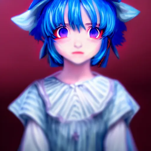 Prompt: portrait of cirno from touhou project ultra realistic, highly detailed, sharp focus, cinematic lighting, mood lighting, realistic, vivid colors, painting, photorealistic, digital art, non blurry, sharp, smooth, illustration