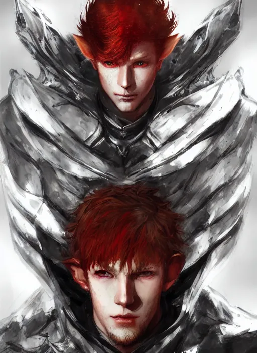 Image similar to Half body portrait of a handsome red haired elven prince with dragon eyes in light armour and a spear. In style of Yoji Shinkawa and Hyung-tae Kim, trending on ArtStation, dark fantasy, great composition, concept art, highly detailed.