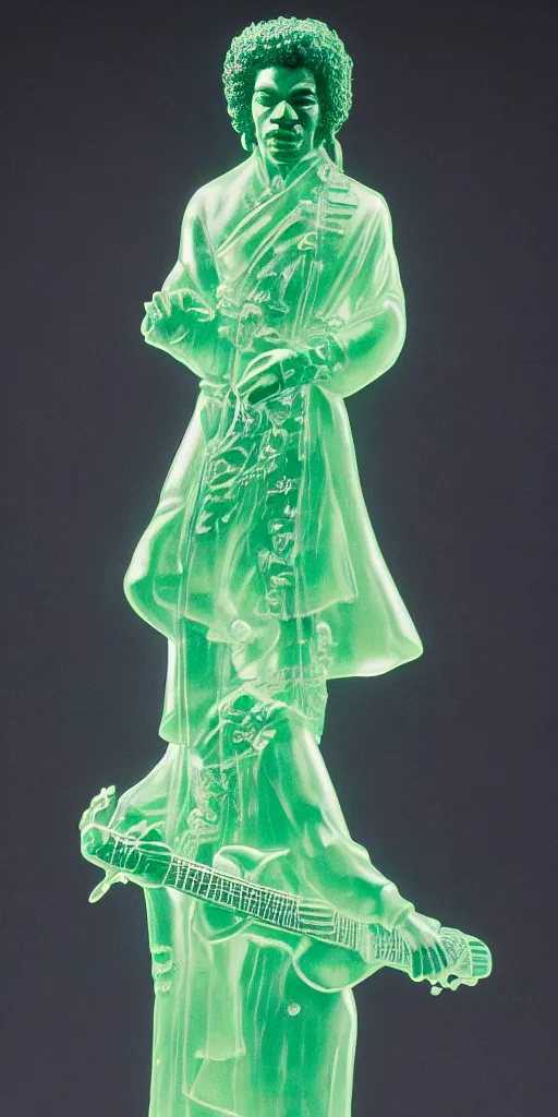 Image similar to detailed photo of a jade translucent statue of most a jimi hendrix, full body portrait, glowing in the dark, photorealism, intricate detail, museum diffuse lighting